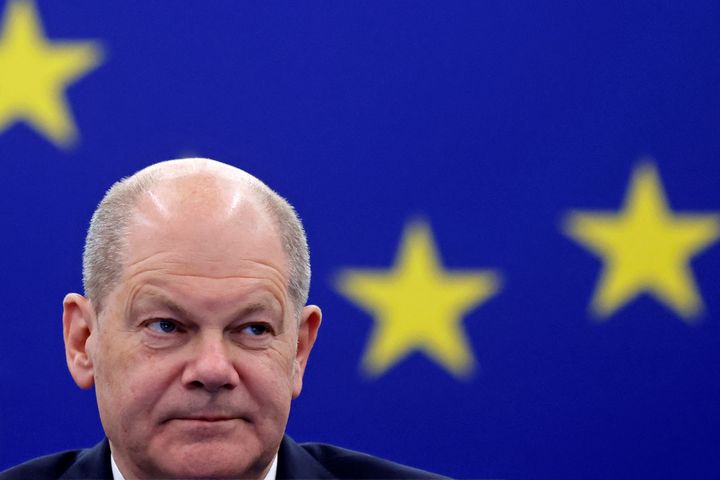 German Chancellor Olaf Scholz speaks to the EU
