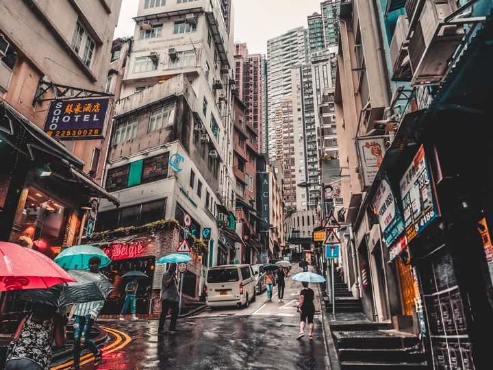 Hong Kong Peel Street with tall buildings 