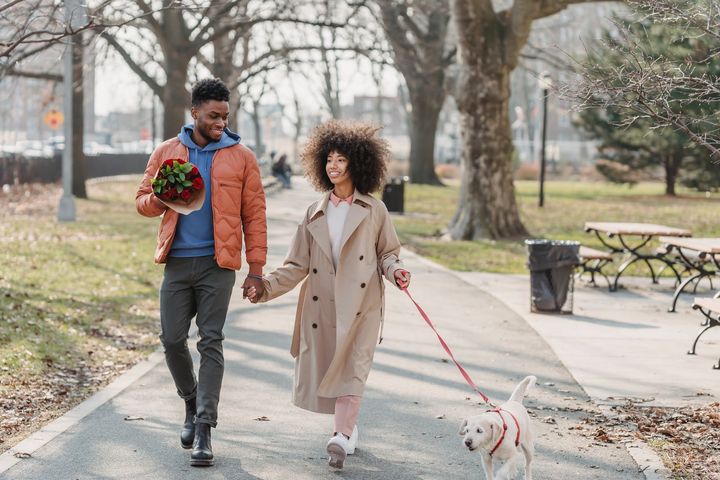 positive black couple walking in park with dog